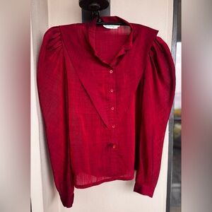 Bethany Vintage Blouse Maroon Long Puff Sleeve Linen Blend Semi-Sheer Collar 7/8